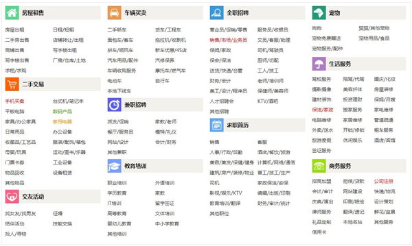 分类信息网站的大类导航及其子分类菜单展示
